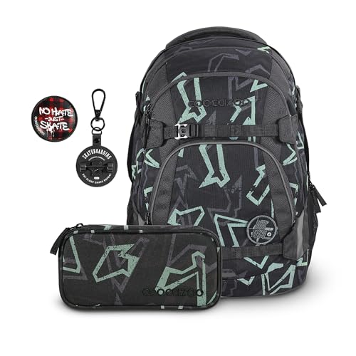 coocazoo Schulrucksack-Set Mate „Reflective Graffiti & Street Vibes“ 3-teilig, grau, ergonomischer 30L Tornister, höhenverstellbar, für Kinder ab der 5. Klasse, inkl. Federmäppchen & Colour UP-Set von Coocazoo