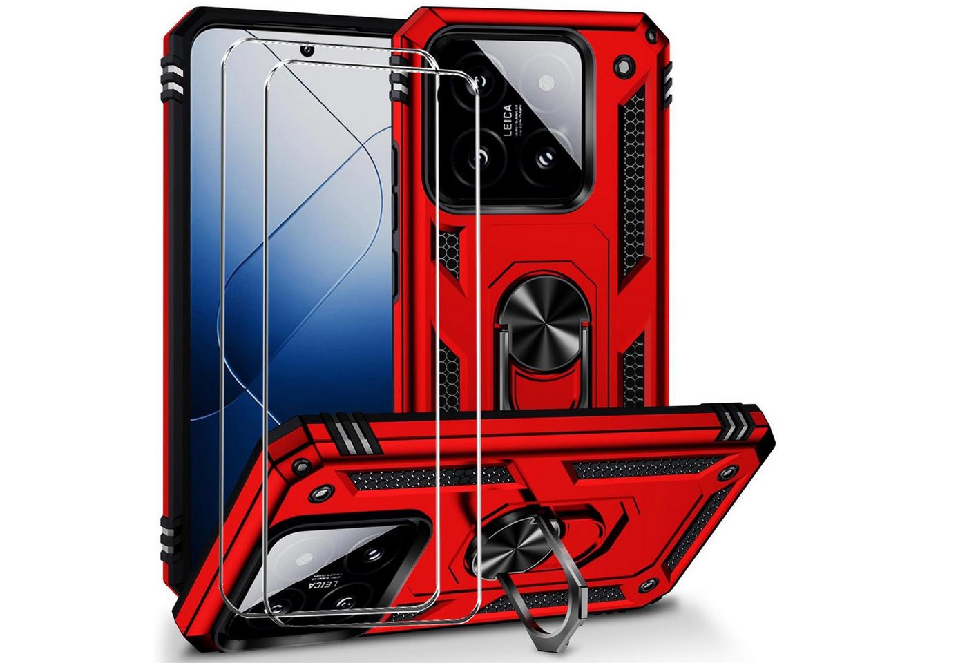 CoolGadget Handyhülle Rot als 2in1 Schutz Cover Set für das Xiaomi 14 6,36 Zoll, 2x 9H Glas Display Schutz Folie + 1x TPU Case Hülle für 14 von CoolGadget
