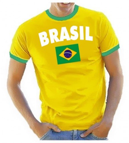 Coole-Fun-T-Shirts Herren T-Shirt Brazil BRASILIEN fußball, gelb Ringer Gr.L von Coole-Fun-T-Shirts