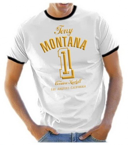 Coole-Fun-T-Shirts Herren Tony Montana NR.1 - Druck in Gold ! Ringer T-Shirt Weiss, L von Coole-Fun-T-Shirts