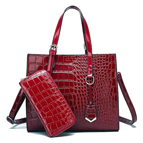 Coolives Damen Set Handtaschen mit 2 Stück Krokodil-Muster Schultertasche Umhängetasche Rot EINWEG von Coolives