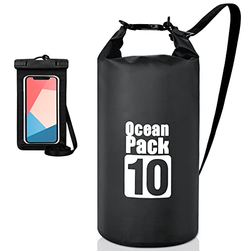 Coolzon Dry Bag-wasserdichte Tasche mit wasserdichte Handyhülle,Wasserdichter Beutel mit Verstellbarer Schultergurt für Kajak Rafting Bootfahren Wandern Camping Reisen Schwimmen,10L Schwarz von Coolzon