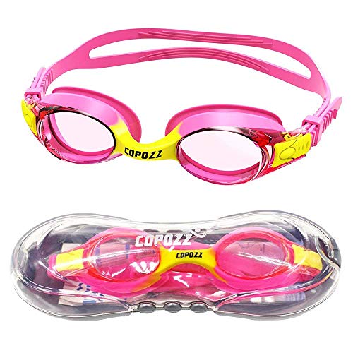 Kinder Schwimmbrille, COPOZZ Schwimmbrille für Kinder Junior Mädchen - Jahre 3 4 5 6 7 8 9 10 11 12 - Antibeschlag Wasserdicht UV Schutz - Mirror / Gespiegelte Klar linse - Wit Gratis Schutz Fall Rosa von COPOZZ