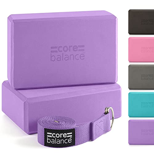 Core Balance Yoga Blocks im Doppelpack & GRATIS Yoga-Gurt, 2 STK. Eva Schaumstoff-Blöcke, robust & leicht, Riemen aus Baumwolle mit innovativem D-Ring Verschluss, ideal für Pilates, 5 versch. Farben von Core Balance