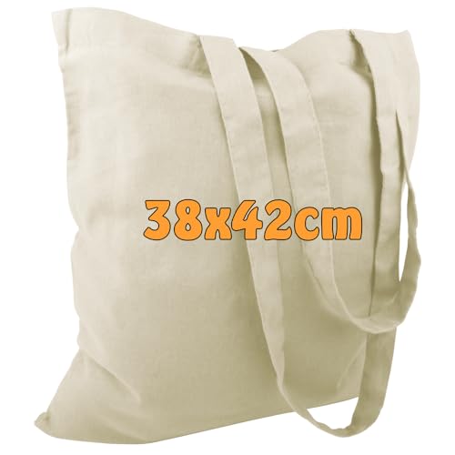 Cottonbagjoe 25 Baumwolltaschen | 38x42 cm | unbedruckt | mit Zwei Langen Henkeln | bemalbar | Öktex 100 Zertifiziert | Jutebeutel | Stofftaschen von Cottonbagjoe