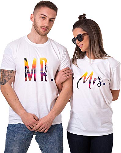 Couples Shop King Queen T-Shirt Set für Paar Tropic Auflage König Königin Partner Look Pärchen Shirt Geburtstagsgeschenk (MRS. Damen Weiß XS) von Couples Shop