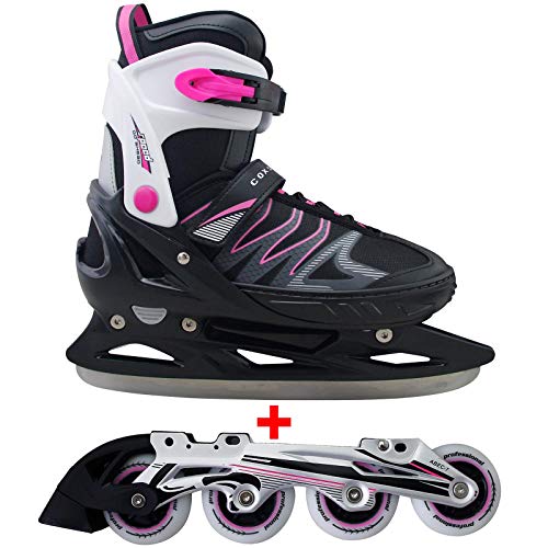 Cox Swain Joy 2in1 größenverstellbare Kinder Inline Skates und Schlittschuhe mit Alu Rollenschiene und PU Leuchtrollen sowie ABEC 7 Kugellagern, Colour: Schwarz/Pink, XS (29-32) von Cox Swain