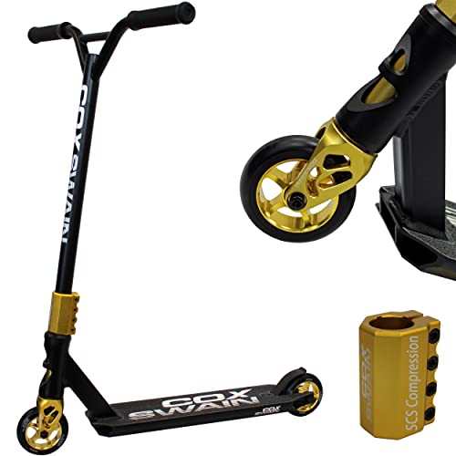 Cox Swain Stunt Scooter X-385, SCS-Kompression, CNC Fork, 100mm PU/Alu Rollen, ABEC 9, Kinder + Erwachsene, Anfänger + Profis, super stabil - schwarz/Gold von Cox Swain