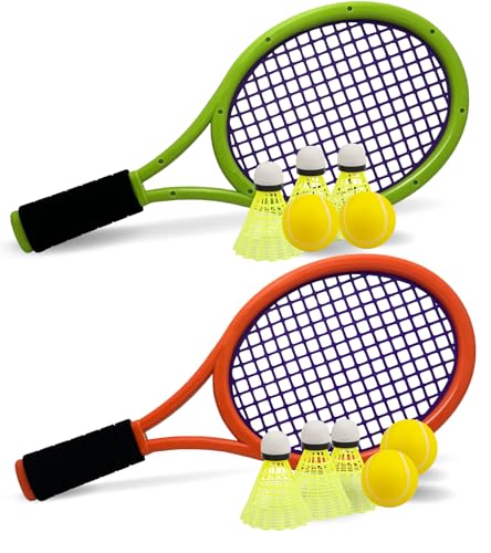 Kinder Tennisschläger mit Tragetasche,4 weiche Trainingsbälle und 6 Badminton Birdies,Tennisschläger Geschenkset für Kinder Outdoor Indoor Sport (Dunkelorangegrün) von Crefotu