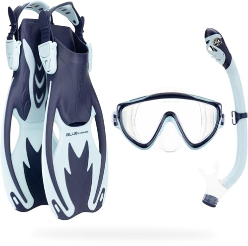 CRESSI Unisex-Youth Set-Blue Navy/Ice Cyan L/XL Schnorchelset, Rocks Flossen, Tinetto Maske und Schnorchel Iguana Dry, Marineblau/Eisblau, Einheitsgröße von CRESSI