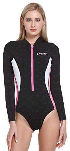 CRESSI Termico Long Sleeve Lady Swimsuit 2 mm - Damen Schwimmanzug Langärmelig , aus Stark Dehnbarem 2mm Ultraspan Double Lined Neoprene, Schwarz/Rosa/Weiß, XXL/6 von Cressi