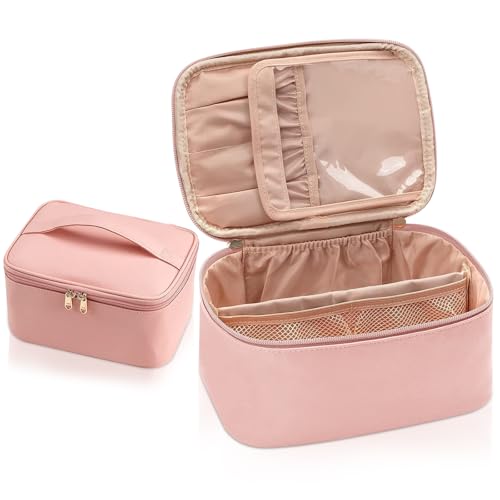 Kosmetiktasche Damen, Reise Schminktasche Groß Make Up Tasche Organizer, Wasserdichter Reise Kosmetiktasche Mit Griff und BüRstenfach Kulturtasche (Rosa) von Criveple