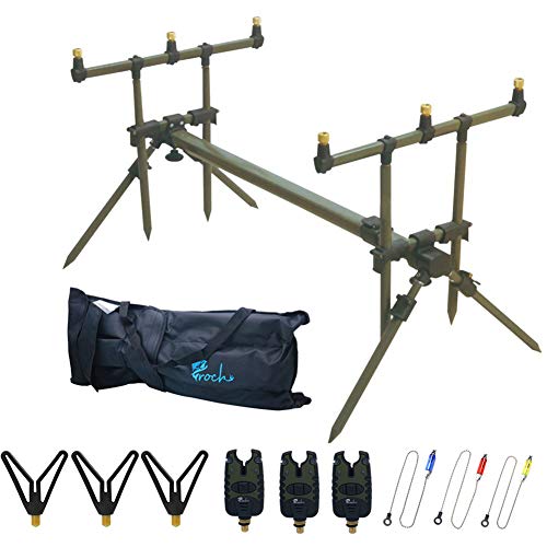 Croch Master Rod Pod Rutenhalter Aluminium Deluxe für 3 Ruten inkl. Rutenauflagen Tasche (Grün Rutehhalter und Scharz Bissanzeiger) von Croch