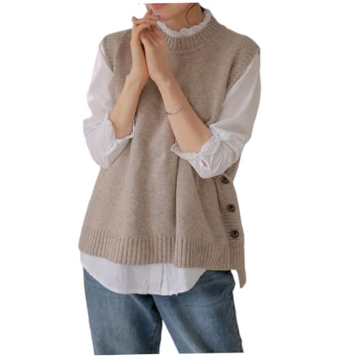 Frauen Pullover Weste gestrickte ärmellose Pullover runde Nacken -Tanktops Frauen Pullover mit Knöpfen Khaki M. von Csafyrt