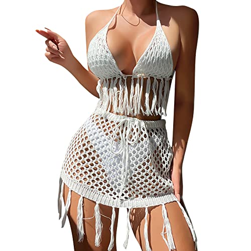 Csnbfiop Gehäkeltes Strand-Cover-Up-Set für Damen, Tanktop und Rock, sexy ausgehöhlt, Badeanzug für Strandkleidung von Csnbfiop