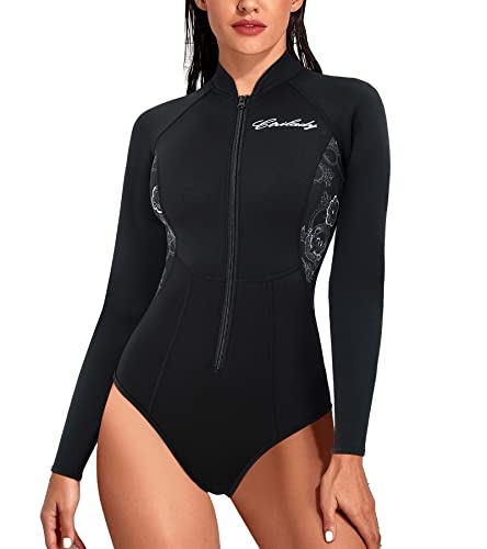 CtriLady Damen Neoprenanzug Neoprenanzug Langarm Badeanzug mit Frontreißverschluss zum Schwimmen, Tauchen, Surfen und Kanufahren (Schwarz, L) von CtriLady