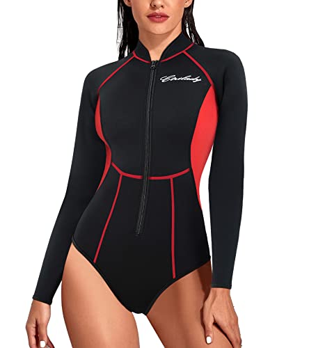 CtriLady Neopren-Neoprenanzug für Damen, 1,5 mm, langärmelig, mit Reißverschluss vorne, UV-Schutz zum Schwimmen, Tauchen, Schnorcheln (Rot, S) von CtriLady