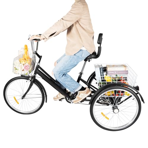 CuCummoo 24 Zoll Dreirad für Erwachsene,3-Rad 7-Gang Senioren Fahrrad mit Einkaufskorb & Manuelle Klingel,3 Räder Trike Dreirad Cruise Bike für Männer Frauen ältere Menschen und Erwachsene (Schwarz) von CuCummoo