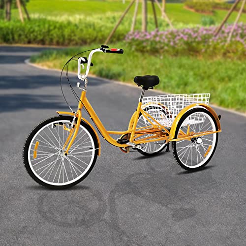 CuCummoo 24 Zoll Dreirad für Erwachsene 3-Räder Fahrrad 6-Gang mit Licht und Einkaufskorb für Unterhaltung, Einkaufen oder Bewegung,für Städte, Strände, Fahrradwege (Gelb) von CuCummoo