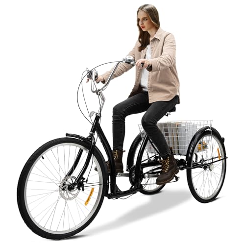 CuCummoo 26 Zoll Dreirad für Erwachsene mit EinkaufsKorb,Fahrrad Dreirad für Senioren/Erwachsenen Dreirad 3-Rad Fahrräder für picknicken, einzukaufen oder andere Outdoor-Aktivitäten (Schwarz) von CuCummoo