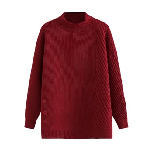 CuLtP Damen Pullover, Lässig, Halber Rollkragenpullover, Tops Mit Stehkragen, Strukturierter Basic Pullover, Langärmelige, Elegante Strickpullover Mit Knopfverzierung, Winter, Rot, XL von CuLtP