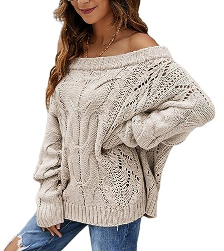 CuLtP Damen-Pullover, Schulterfrei, Übergroßer Damen-Pullover, Langärmlig, Dolman-Pullover, Schulterfreier Damen-Pullover, Lockerer, Fester Pullover Mit Ausgehöhltem Zopfmuster, Khaki, L CuLtP Damen-Pullover, Schulterfrei, Übergroßer Damen-Pullover, Langärmlig, Dolman-Pullover, Schulterfreier Damen-Pullover, Lockerer, Fester Pullover Mit Ausgehöhltem Zopfmuster, Khaki, L von CuLtP