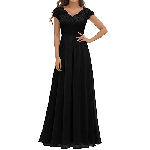 Abendkleider Lang Für Hochzeit Damen Elegant Chiffon Abendkleid Ballkleider V-Ausschnitt A Linie Ballkleid Brautjungfernkleider Abschlusskleid Mit Spitze Ärmeln,01 Schwarz,L von Cubinest