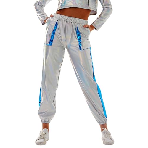 Body Silber Metallic Damen, Alien Kostüm Damen Metallic Hose Glänzed Glitzerhose Wetlook Latex Sporthose Locker Freizeit Jogginghose Astronauten Kostüm Lang Sweathose Disco Outfit Party Tanzhosen Legg von Cubinest