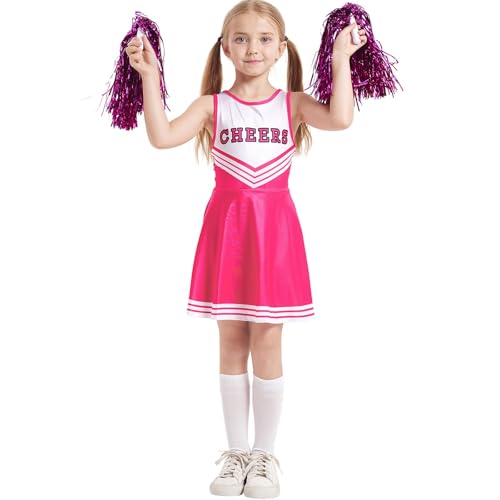 Cheerleader Kostüm, Faschingskostüm Mädchen, Cheerleader Kostüm Kinder mit High School Cheerleader Pompons - Cheerleading Uniform Kleid Kinderkostüm Cheer Outfit für Karneval Halloween, Fasching, Mott von Cubinest