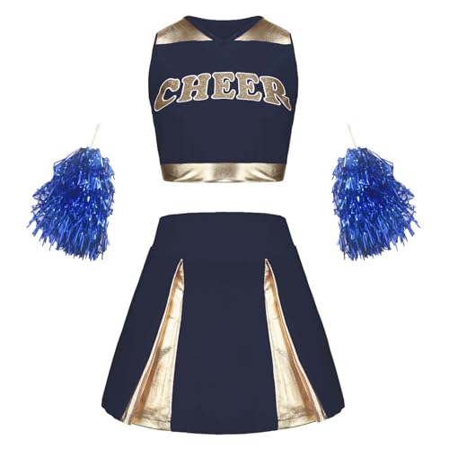 Cheerleader Kostüm Kinder Mädchen, Karnevalskostüm, Cheerleader Kostüm Kinder mit High School Cheerleader Pompons Cheerleading Uniform Kleid Kinderkostüm Cheer Outfit für Karneval Halloween, Fasching, von Cubinest