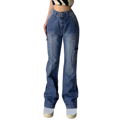 Cubinest Damen Hose, Baggy Jeans Damen Y2K Stretch Low Waist Jeanshose Straight Leg Pants Gerade Boyfriend Sommer Schlaghose Locker Hosen Wide Leg Jeans Cargo Hose Mädchen Streetwear Freizeithose von Cubinest