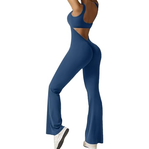 Cubinest jumpsuit damen eng,Jumpsuits Für Damen Yoga Bh & Leggings Hosen Tights Shape Stretch Sport Outfit Lang Ärmellos Overall Flared Eng Scrunch Butt Bodysuit,Marineblau,S von Cubinest