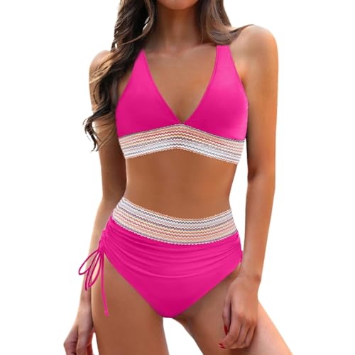 Farbblock Bikini Set Damen Sexy Hohe Taille Badeanzug Bademode Zweiteiliger Badeanzüge Bikinis für Frauen Badebekleidung,03 Pink,S von Cubinest