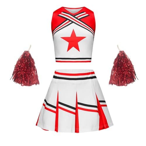 Faschingskostüm Mädchen, Jungen Kostüm, Cheerleadering Outfit Mädchen, Cheerleader Kostüm Kinder, Kinderkostüm Cheerleader Uniform Kleid, Kinder Cheer Outfit mit Pompoms, für Karneval Halloween, Fasch von Cubinest