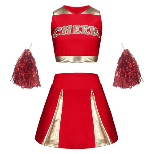 Faschingskostüme Mädchen, Kinder Cheerleading Uniform Kleid mit High School Cheerleader Pompons Cheerleader Kostüm Kinderkostüm Cheer Outfit für Karneval Halloween, Fasching, Mottoparty von Cubinest