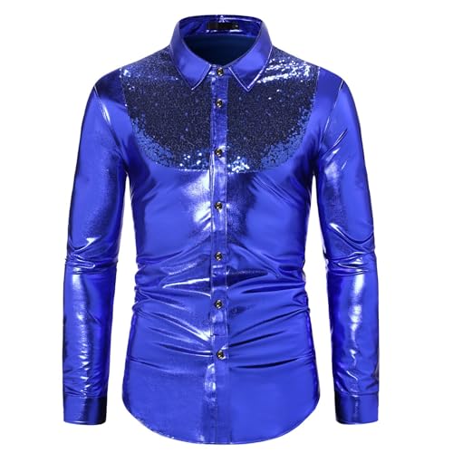 Glitzer Oberteil Langarm, Glitzer Hemd Herren, Glitzer Hemd Herren Metallic Langarmshirt Glänzend Shirt Pailletten T-Shirt Festival Oberteil Party Bluse Top Nachtclub T-Shirts Karneval Kostüm 70er 80e von Cubinest