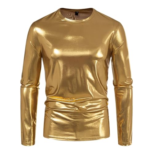 Goldenes Hemd, 80er Jahre Kleidung Herren, Langarmshirt Herren Metallic Glitzer Oberteil Glänzend Tshirt Pailletten Hemd Festival Shirt Party Bluse Top Nachtclub T-Shirts Karneval Kostüm 70er 80er Dis von Cubinest