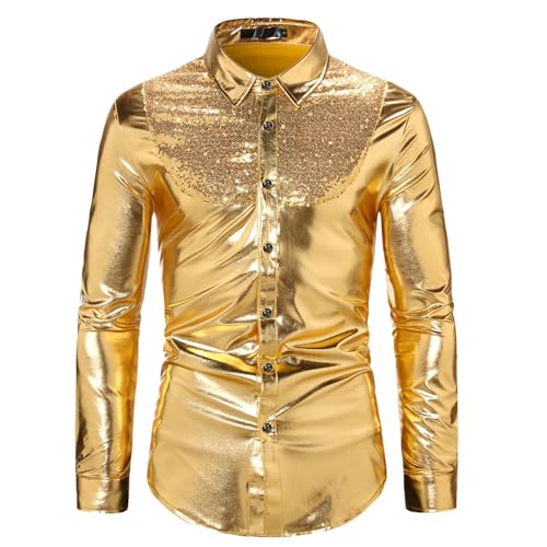 Goldenes Hemd Herren, Fasching Herren, Glitzer Hemd Herren Metallic Langarmshirt Glänzend Shirt Pailletten T-Shirt Festival Oberteil Party Bluse Top Nachtclub T-Shirts Karneval Kostüm 70er 80er Disco von Cubinest