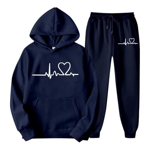 Hausanzug Damen kuschelig, Heartbeat Jogginganzug Damen Set Herren Baumwolle Trainingsanzug Sportanzug - 2 Teiler Hoodie und Jogginghose Unisex Warmes Langarm Sport Outfit Tracksuit Jogger Set Bequem von Cubinest