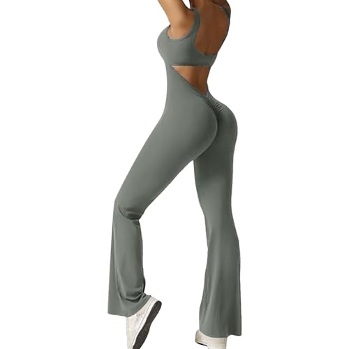 Jumpsuit,Jumpsuits Für Damen Tights Shape Stretch Sport Outfit Rückenfrei Einteiler Bootcut Onepiece Ganzkörperanzug Lang Yoga Ärmellos Overall Trainingsanzüge,Grau,L von Cubinest