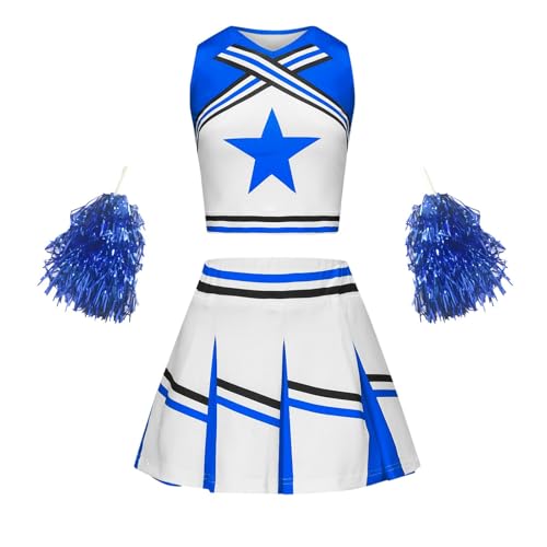 Jungen Kostüm, Faschingskostüm Mädchen, Cheerleader Kostüm Kinder mit High School Cheerleader Pompons Cheerleading Uniform Kleid Kinderkostüm Cheer Outfit für Karneval Halloween, Fasching, Mottoparty von Cubinest