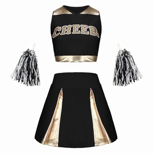 Karneval Kostüm Kinder Mädchen, Cheerleader 140, Cheerleader Kostüm Kinder mit High School Cheerleader Pompons Cheerleading Uniform Kleid Kinderkostüm Cheer Outfit für Karneval Halloween, Fasching, Mo von Cubinest