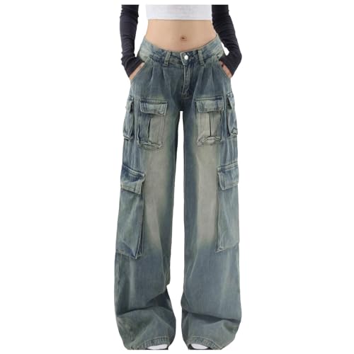 Klamotten Teenager Mädchen, Baggy Jeans Damen Vintage Y2K Stretch Low Waist Jeanshose Straight Leg Pants Gerade Boyfriend Schlaghose Locker Wide Leg Jeans Cargo Hose Mädchen Streetwear Freizeithose von Cubinest