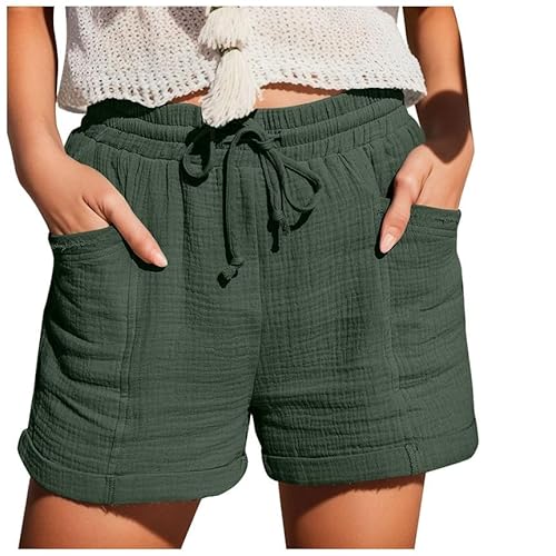 Kurze Leinenhose Damen,Kurze Hose Damen Sport Lässige Damen Sommer Leinen Musselin Kurze Hose Sport Shorts Sommer Bequeme Jogginghose Damen Mit Kordelzug Leinenhose,Grün,5XL von Cubinest