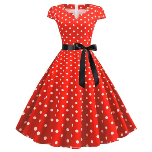 Rock Rot mit Weißen Punkten, Rockabilly Kleider Damen 50er 60er Jahre Polka Dots Swing Vintage Coctailkleid Hochzeit Festlich Knielang Kleid Kurzarm Tunika Partykleid Ballkleid Faschingskostüme von Cubinest