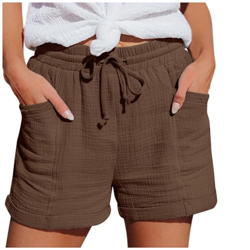 Shorts Damen musselin,Kurze Hose Damen Sport Shorts Mode Lässige Stoffhose Hoher Taille Stretch Gerades Bein Beach Shorts Mit Taschen Mit Kordelzug Leinenhose,Braun,3XL von Cubinest