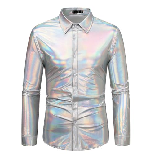 Silber Glitzer, Wetlook Männer, Disco Hemd Herren Glitzer Metallic Langarmshirt Glänzend Shirt Pailletten T-Shirt Festival Oberteil Party Bluse Top Nachtclub T-Shirts Karneval Kostüm 70er 80er Silvest von Cubinest