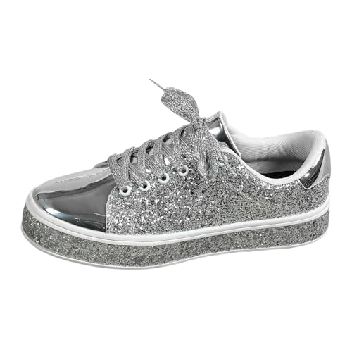 Silber Schuhe Damen, Silber Schuhe Damen, Glitzer Schuhe Damen Pailletten Strass Sneaker Flache Low Turnschuhe Outdoor Sportschuhe Slip On Laufschuhe Karneval Festliche Schuhe Glänzende Silber Schnürs von Cubinest