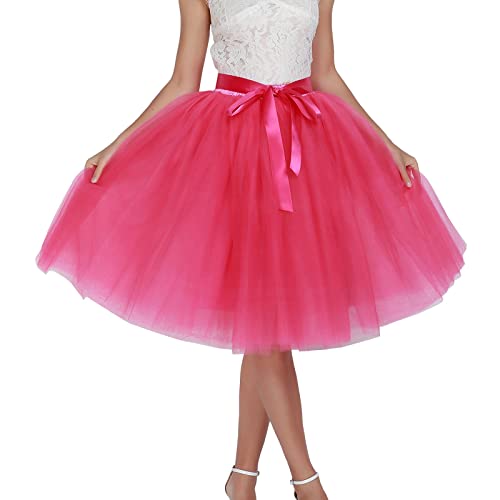 Tüll Rock Damen, Tüllrock pink Damen Lang Tüll Tutu Rock Karneval Kostüm Minirock Petticoat Unterrock Mit Schleife - 50Er Rockabilly Midi Rock Hohe Taille Tutu Ballett Tuturock Tütü Kleid Tüll von Cubinest