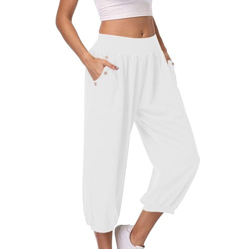 Yoga Hose,Hose Damen Stoffhose Lockere Passform Gerade Elastische Taille Mit Tasche Casual Leichte Baumwolle Bequeme Luftige Freizeithose Jogginghose,Weiß,XL von Cubinest